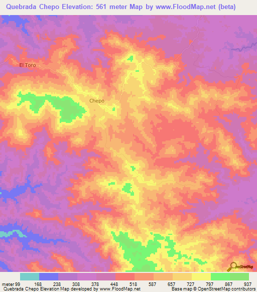 Quebrada Chepo,Panama Elevation Map