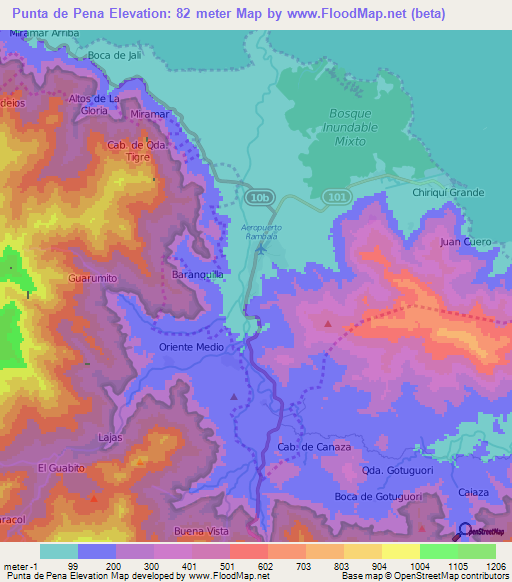 Punta de Pena,Panama Elevation Map