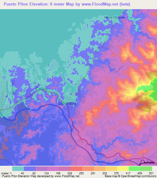 Puerto Pilon,Panama Elevation Map