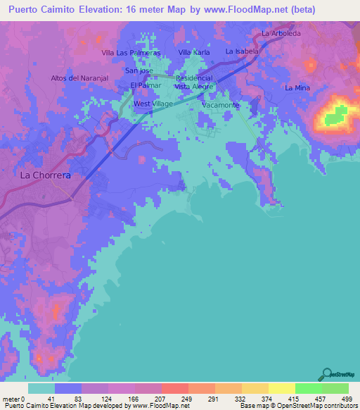 Puerto Caimito,Panama Elevation Map