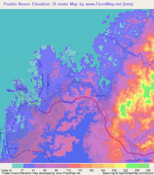 Pueblo Nuevo,Panama Elevation Map