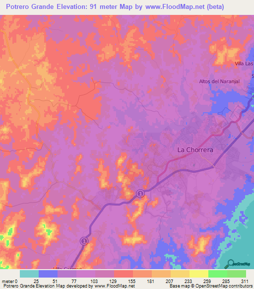 Potrero Grande,Panama Elevation Map