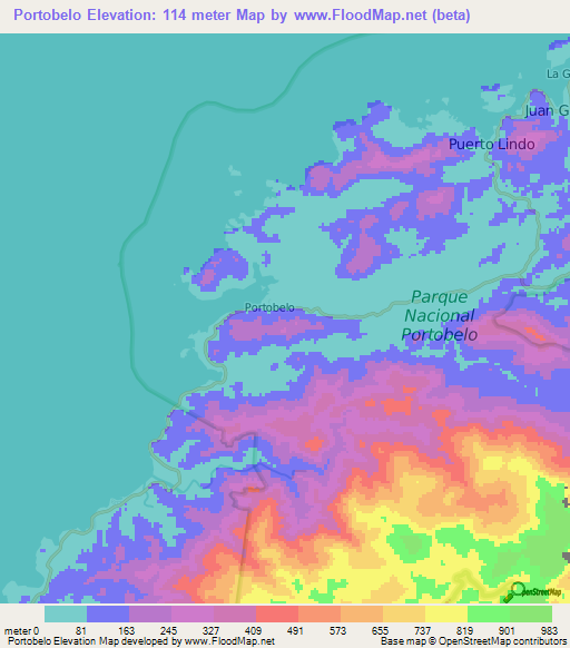 Portobelo,Panama Elevation Map