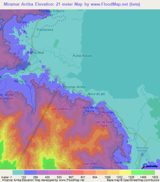 Miramar Arriba,Panama Elevation Map
