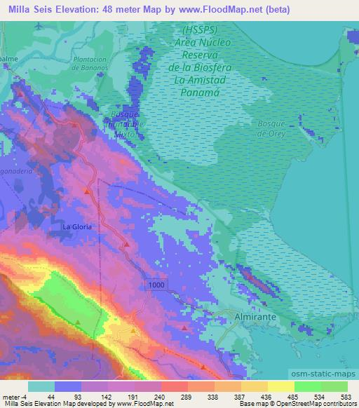 Milla Seis,Panama Elevation Map