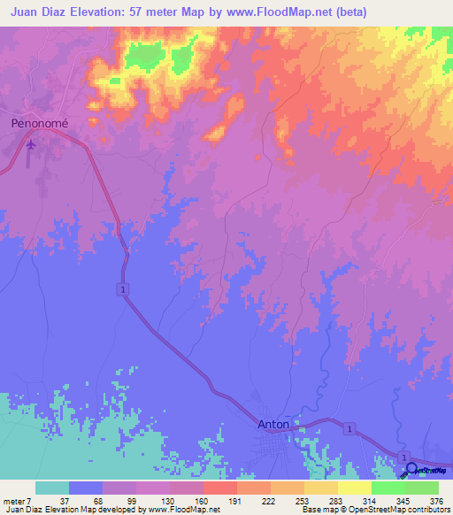 Juan Diaz,Panama Elevation Map