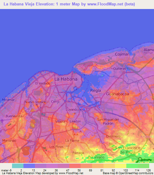 La Habana Vieja,Cuba Elevation Map