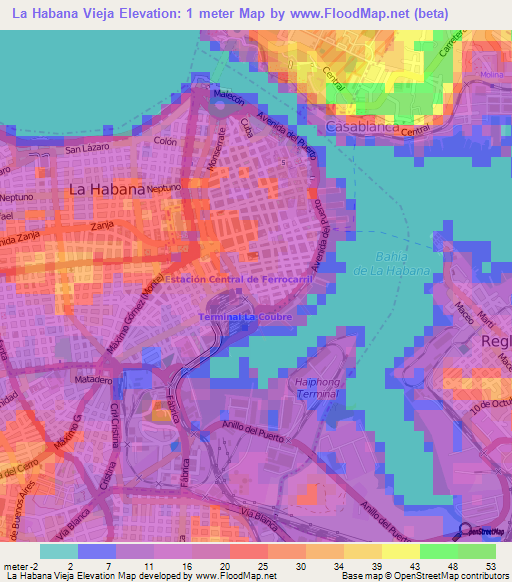 La Habana Vieja,Cuba Elevation Map