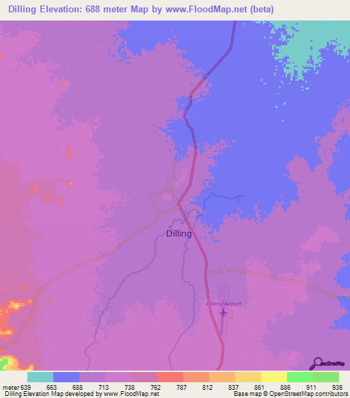Dilling,Sudan Elevation Map