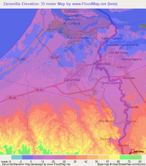 Zarumilla,Peru Elevation Map