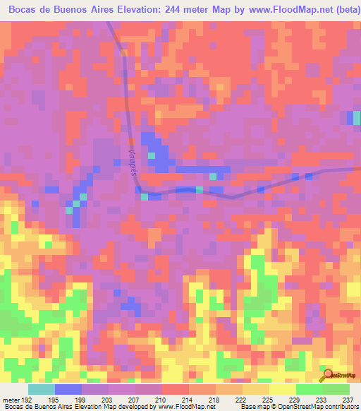 Bocas de Buenos Aires,Colombia Elevation Map