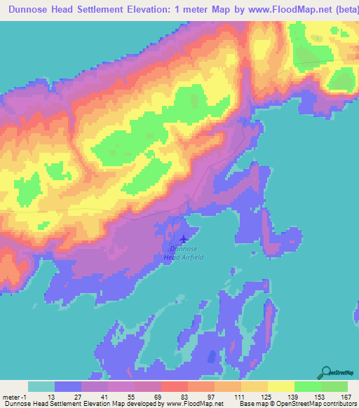 Dunnose Head Settlement,Falkland Islands Elevation Map