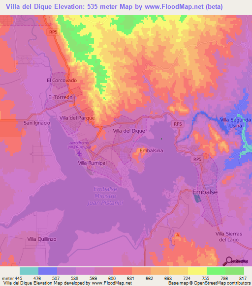 Villa del Dique,Argentina Elevation Map