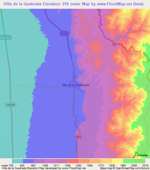 Villa de la Quebrada,Argentina Elevation Map