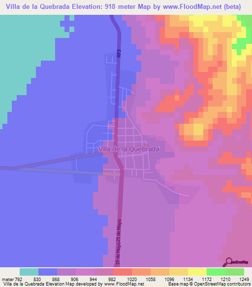 Villa de la Quebrada,Argentina Elevation Map