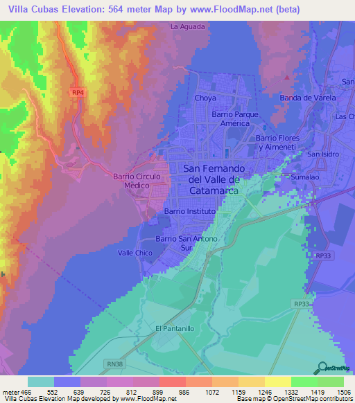 Villa Cubas,Argentina Elevation Map