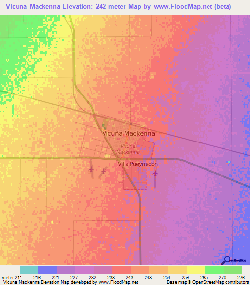 Vicuna Mackenna,Argentina Elevation Map