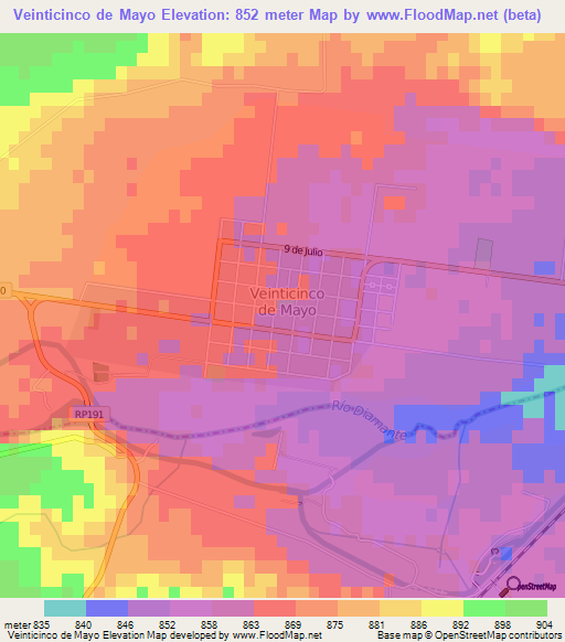 Veinticinco de Mayo,Argentina Elevation Map