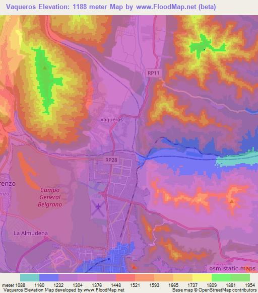 Vaqueros,Argentina Elevation Map