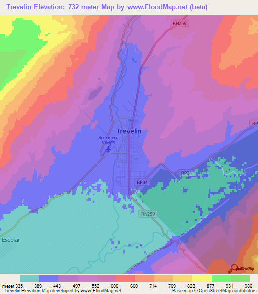 Trevelin,Argentina Elevation Map