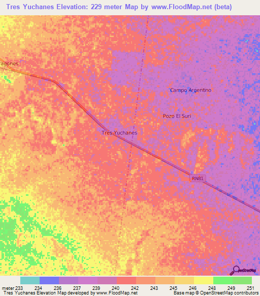 Tres Yuchanes,Argentina Elevation Map