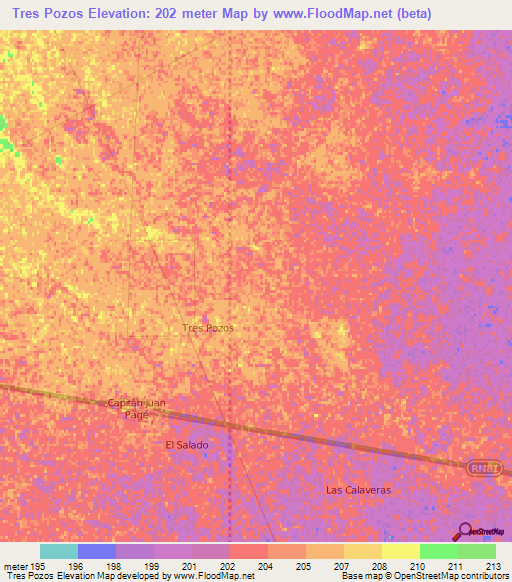 Tres Pozos,Argentina Elevation Map