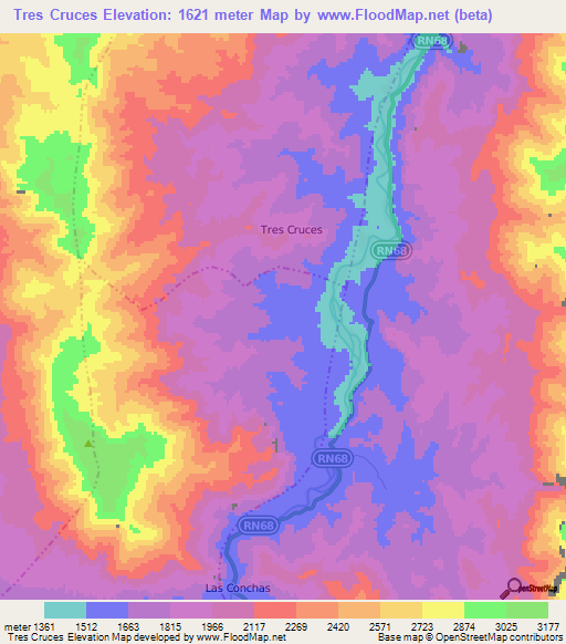 Tres Cruces,Argentina Elevation Map