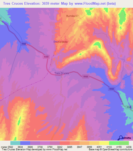 Tres Cruces,Argentina Elevation Map