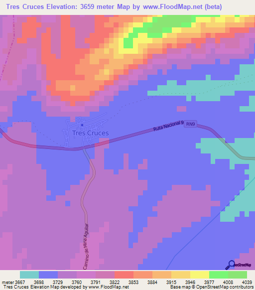 Tres Cruces,Argentina Elevation Map