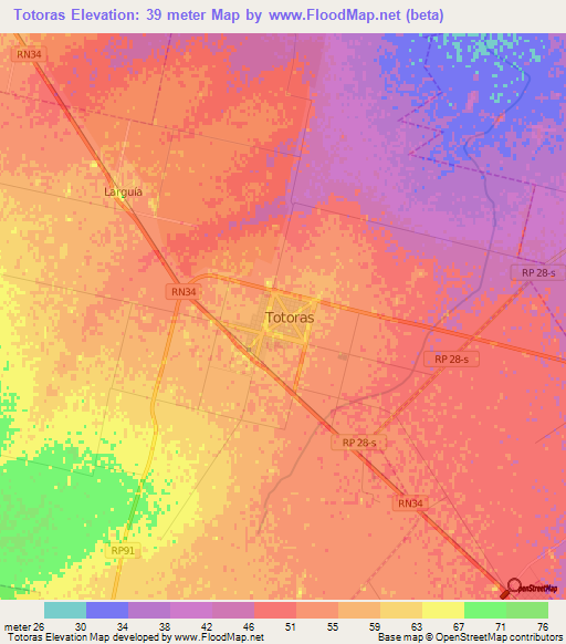 Totoras,Argentina Elevation Map