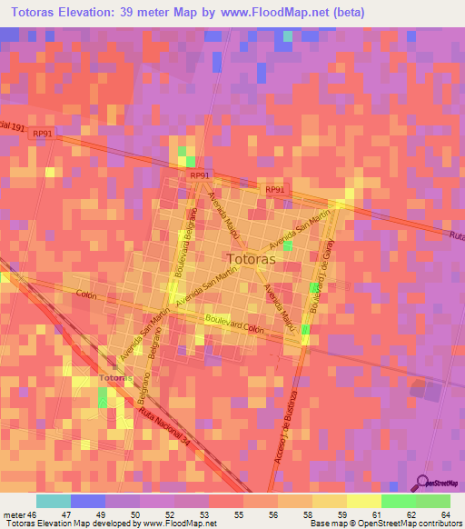 Totoras,Argentina Elevation Map
