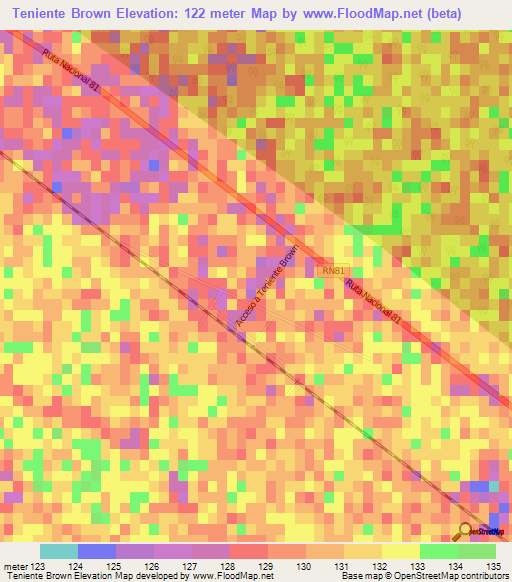 Teniente Brown,Argentina Elevation Map