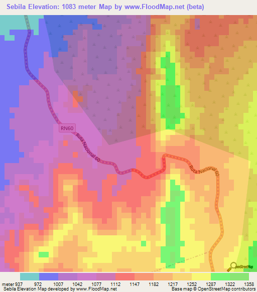 Sebila,Argentina Elevation Map