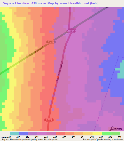Sayaco,Argentina Elevation Map