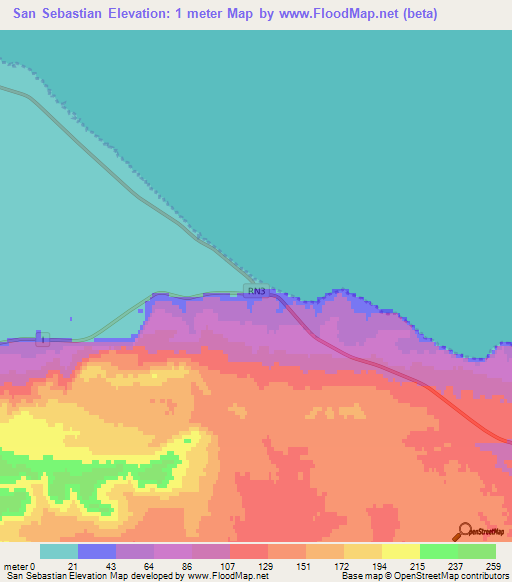 San Sebastian,Argentina Elevation Map