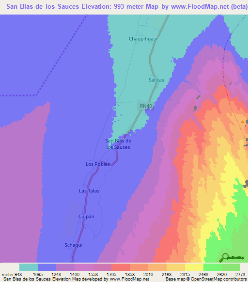 San Blas de los Sauces,Argentina Elevation Map