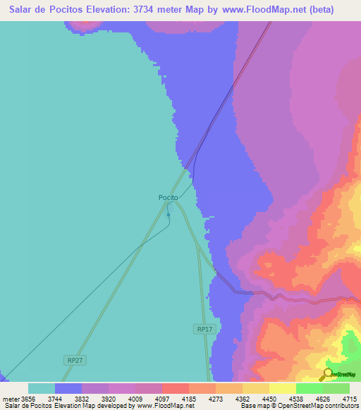 Salar de Pocitos,Argentina Elevation Map