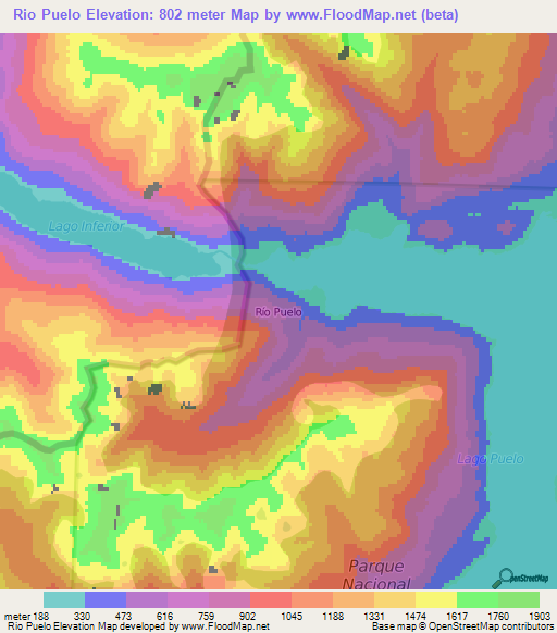 Rio Puelo,Argentina Elevation Map