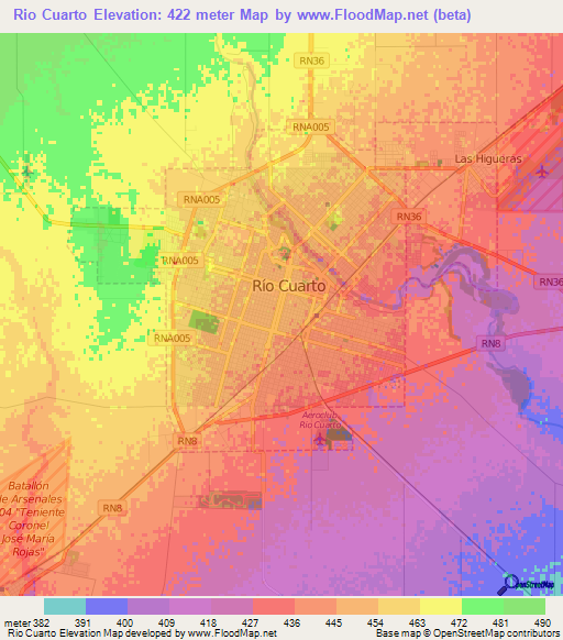 Rio Cuarto,Argentina Elevation Map