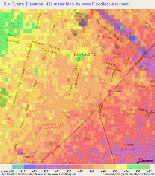Rio Cuarto,Argentina Elevation Map