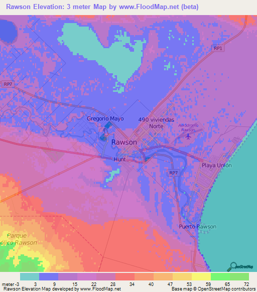 Rawson,Argentina Elevation Map