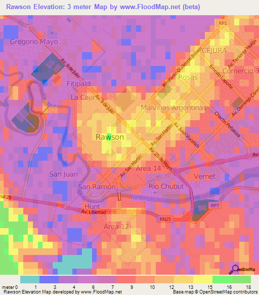 Rawson,Argentina Elevation Map
