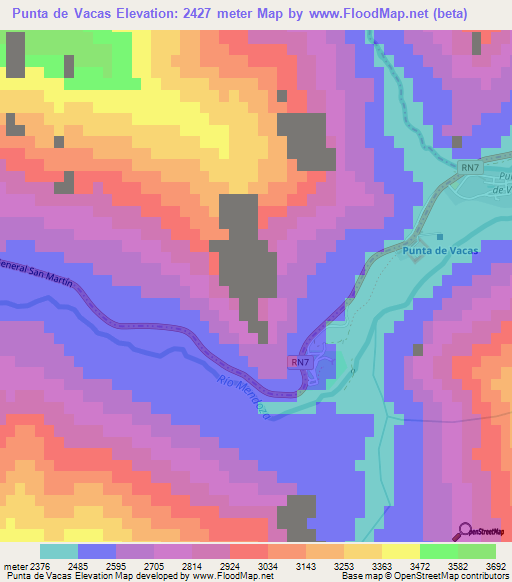 Punta de Vacas,Argentina Elevation Map