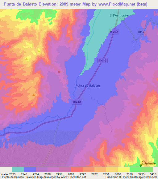 Punta de Balasto,Argentina Elevation Map
