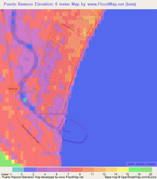 Puerto Rawson,Argentina Elevation Map