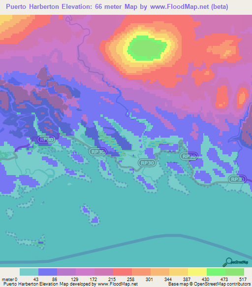 Puerto Harberton,Argentina Elevation Map