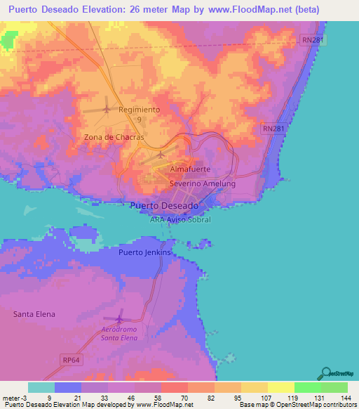 Puerto Deseado,Argentina Elevation Map
