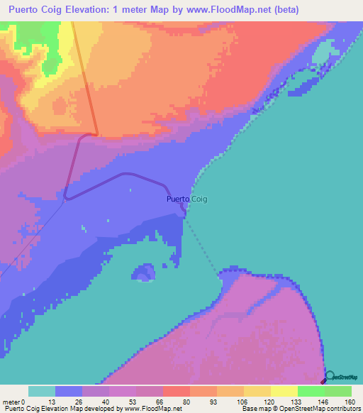 Puerto Coig,Argentina Elevation Map