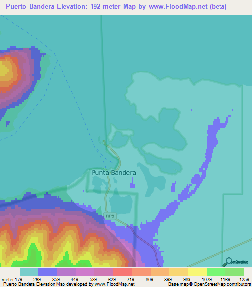 Puerto Bandera,Argentina Elevation Map