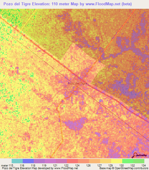 Pozo del Tigre,Argentina Elevation Map
